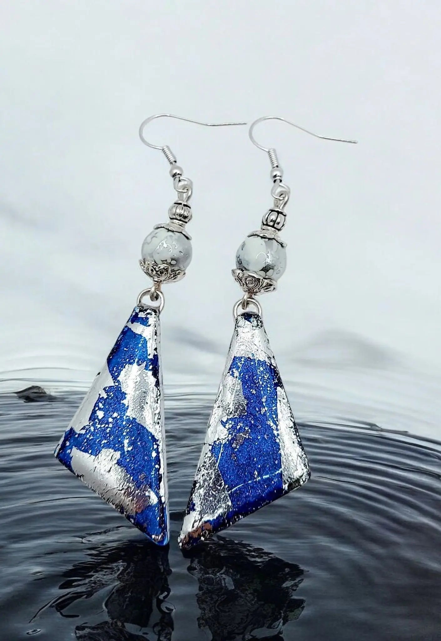 Resincrete Silver Paperfoil blue dangle Earrings 2.75" - Image #3