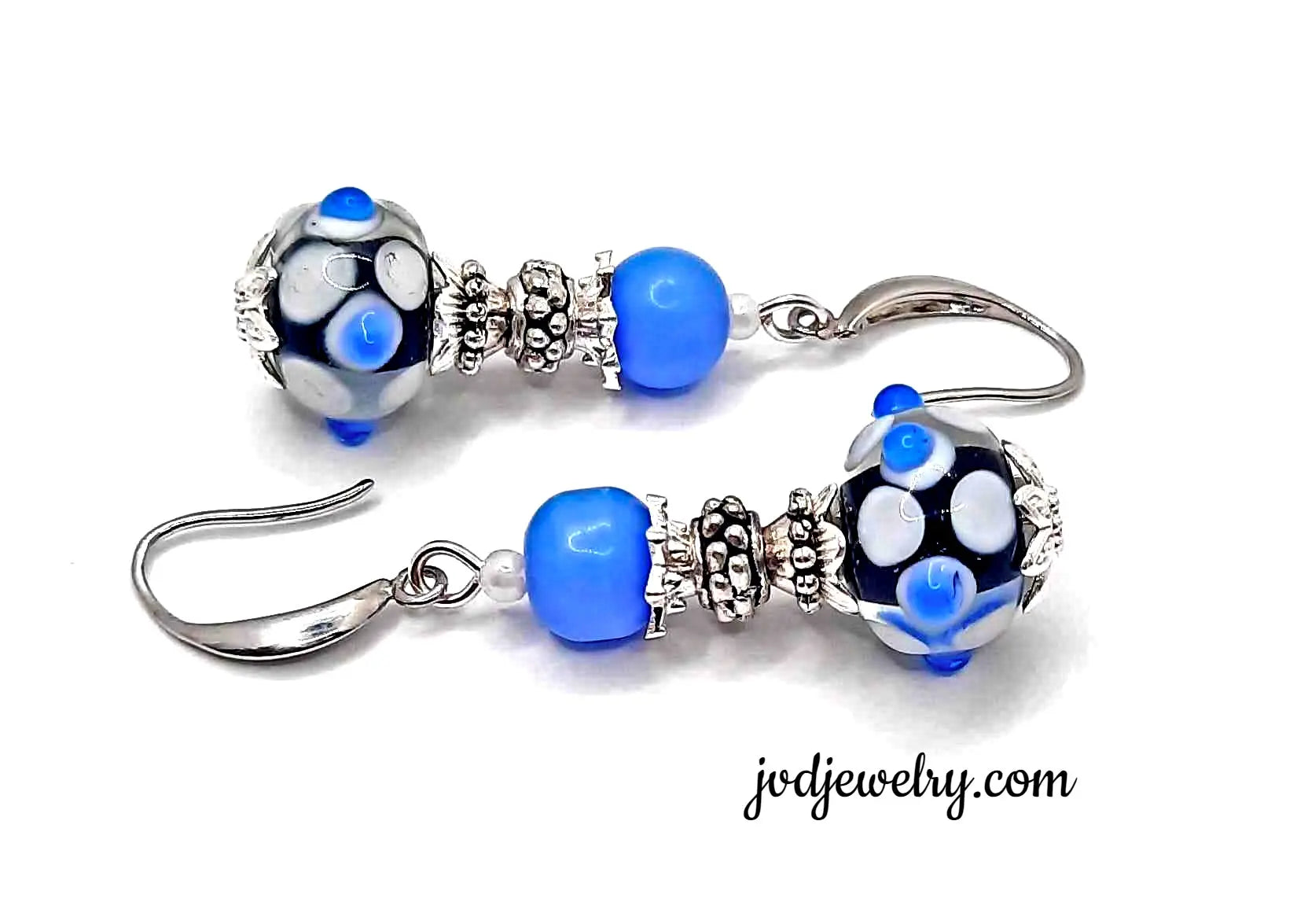Blue dot lampwork beaded earrings - Image #2