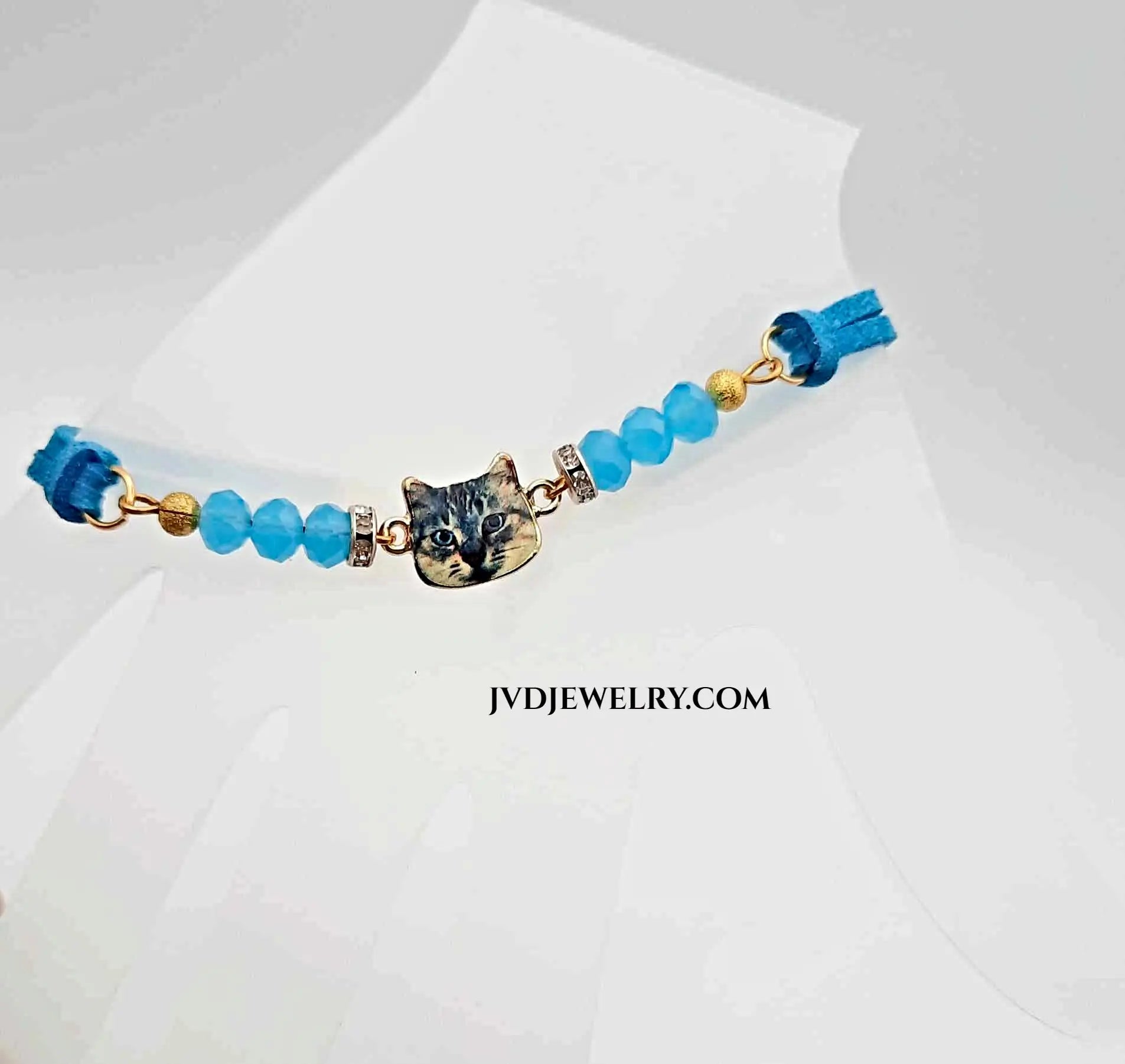 Blue suede with cat focal face bracelet - Image #1