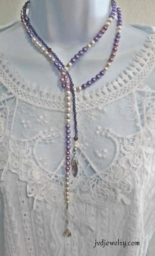 Purple White Glass pearl long Necklace - Image #1