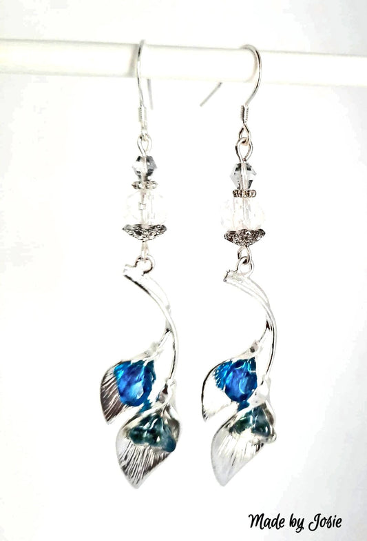 Blue and crystal clear Cala Lily earrings sterling ear hooks