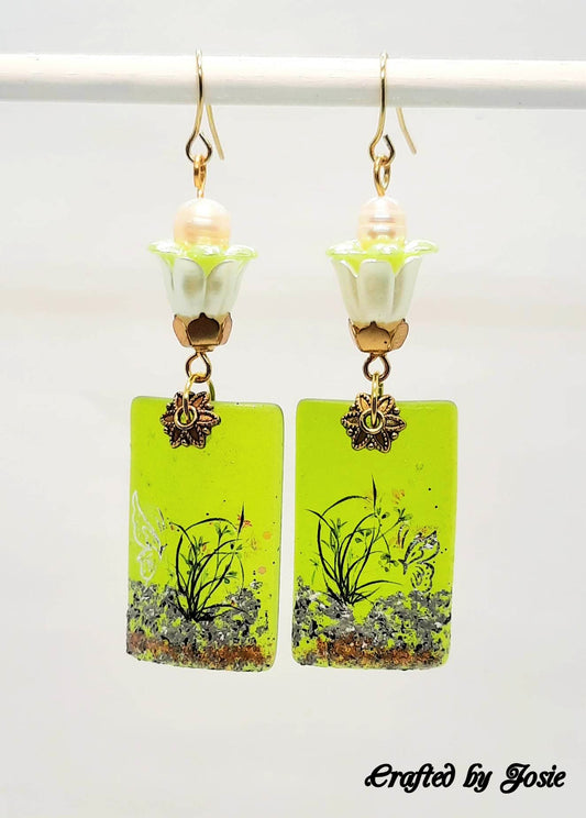 Green sea glass flower butterfly design earrings