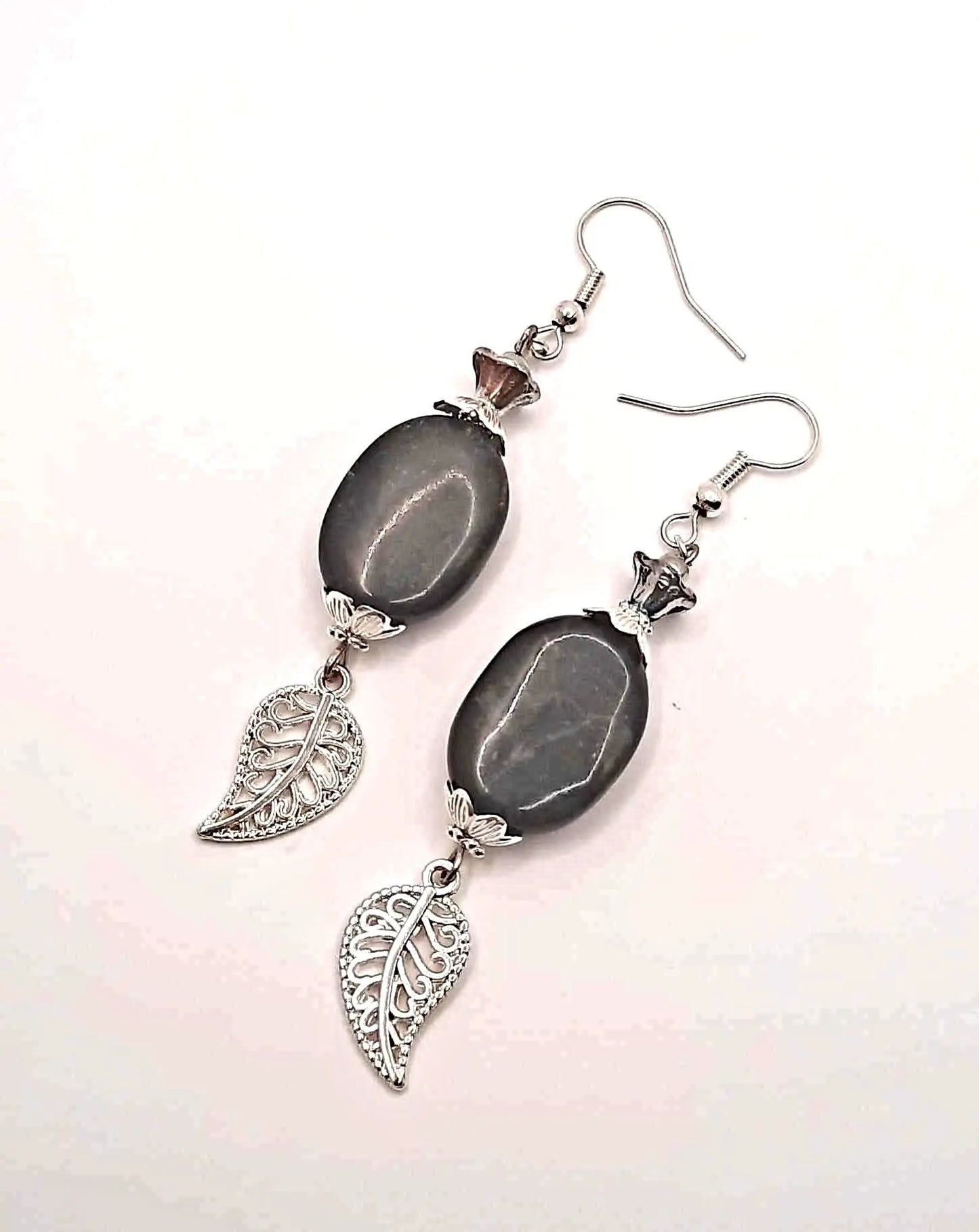 Deep green gemstone silvery shiny leaf earrings - Image #2