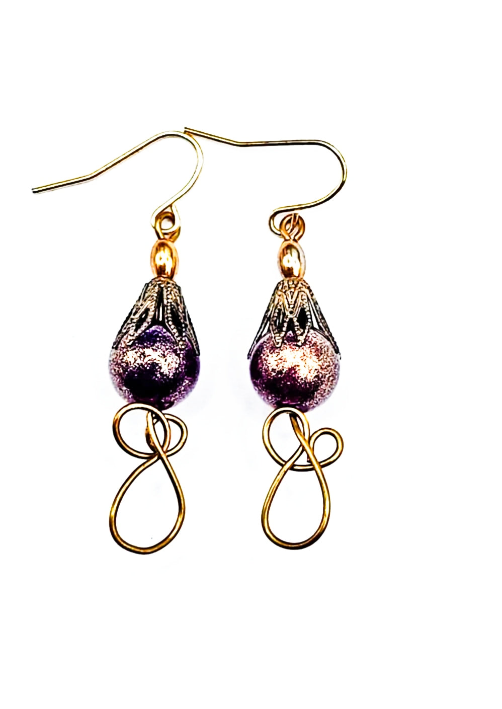 Short Antique gold wire dark purple bead Earrings 1.75 inches