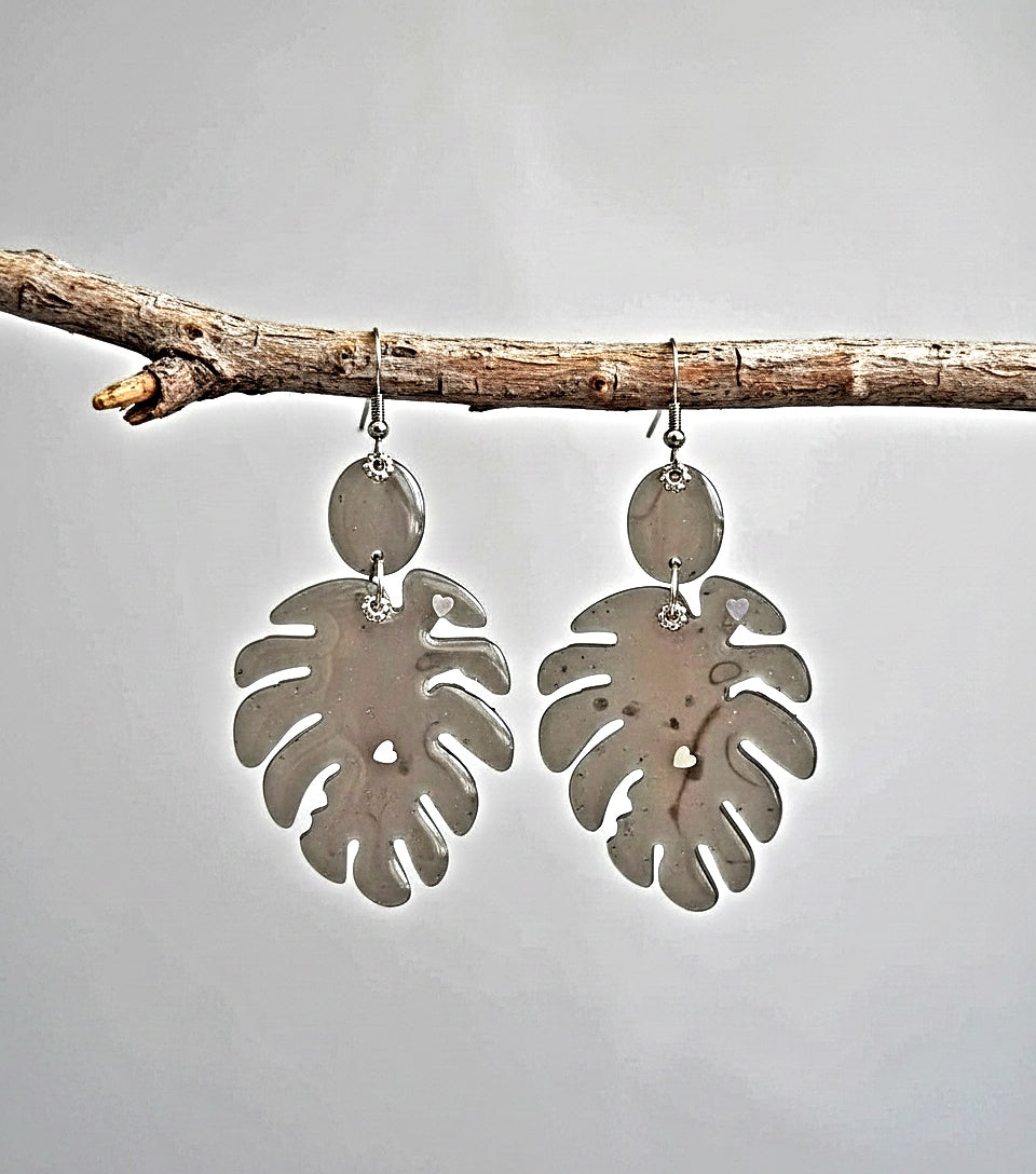 Light Grey Botanical Earrings - Leaf Design with Pearls | 2.5 Inches