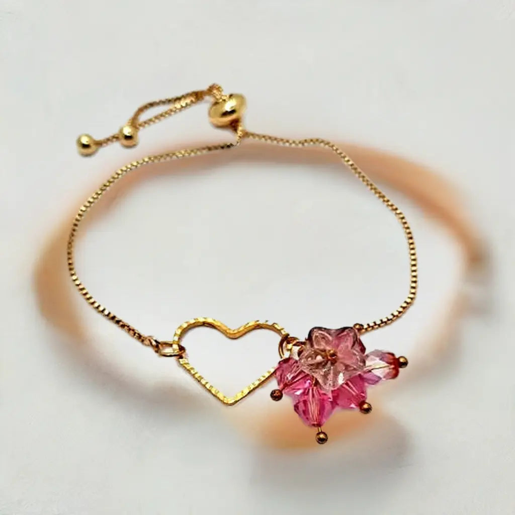 Adjustable pink Swarovski Czech beaded heart bracelet - Image #3