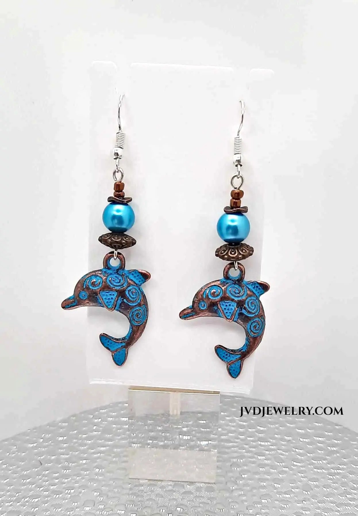 Patina dolphin glass pearl Earrings - Image #1