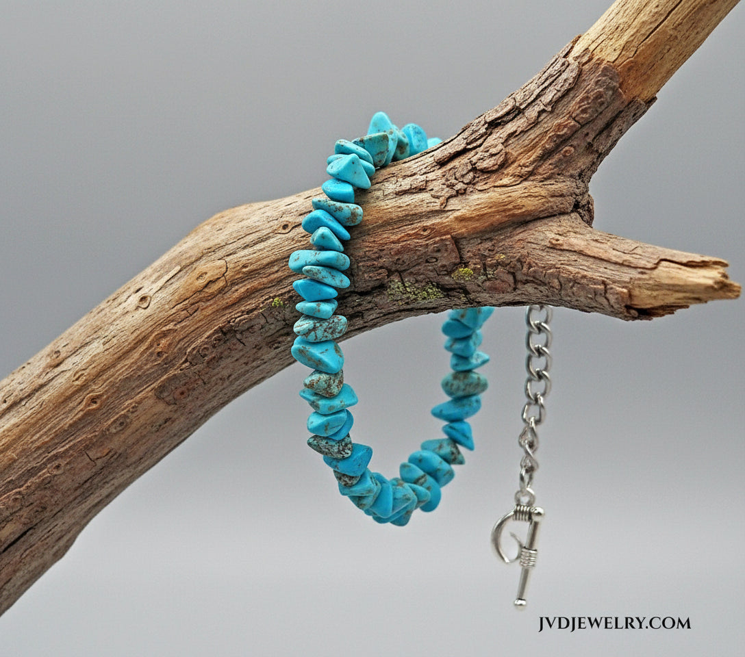 Turquoise chip bracelet on a white background with 'JVDJEWELRY.COM' branding.