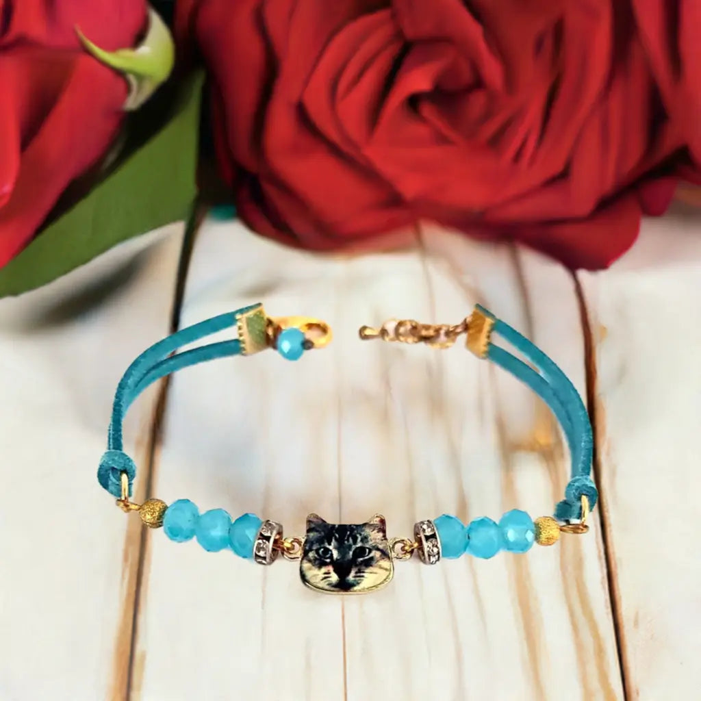 Elegant Blue Suede Bracelet with Cat Face Focal Charm