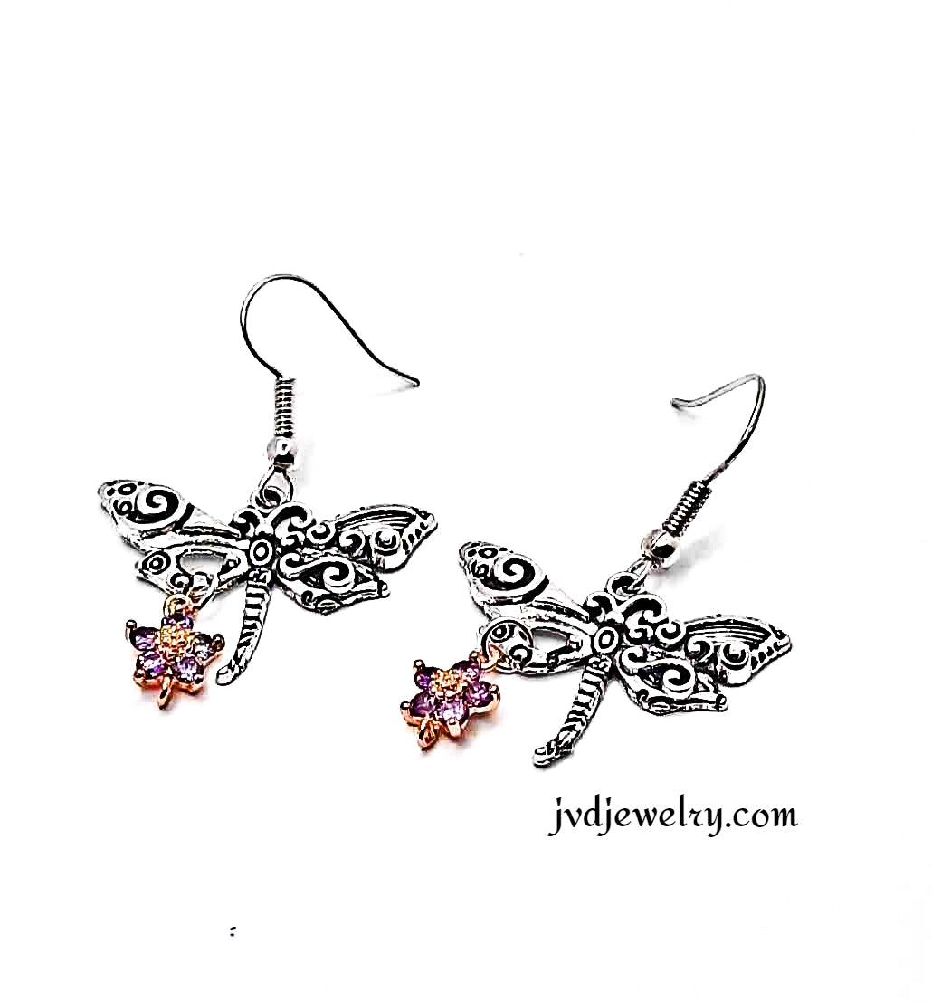 Short 1.5-inch silver dragonfly earrings