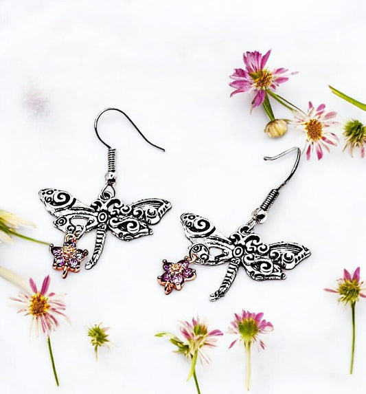 Short 1.5-inch silver dragonfly earrings