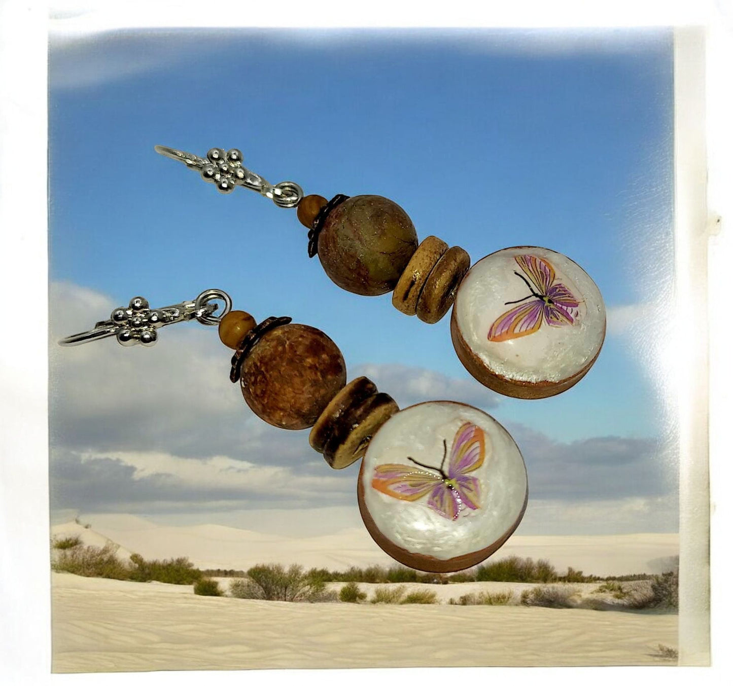 Short Wooden Frame Resin Butterfly earrings