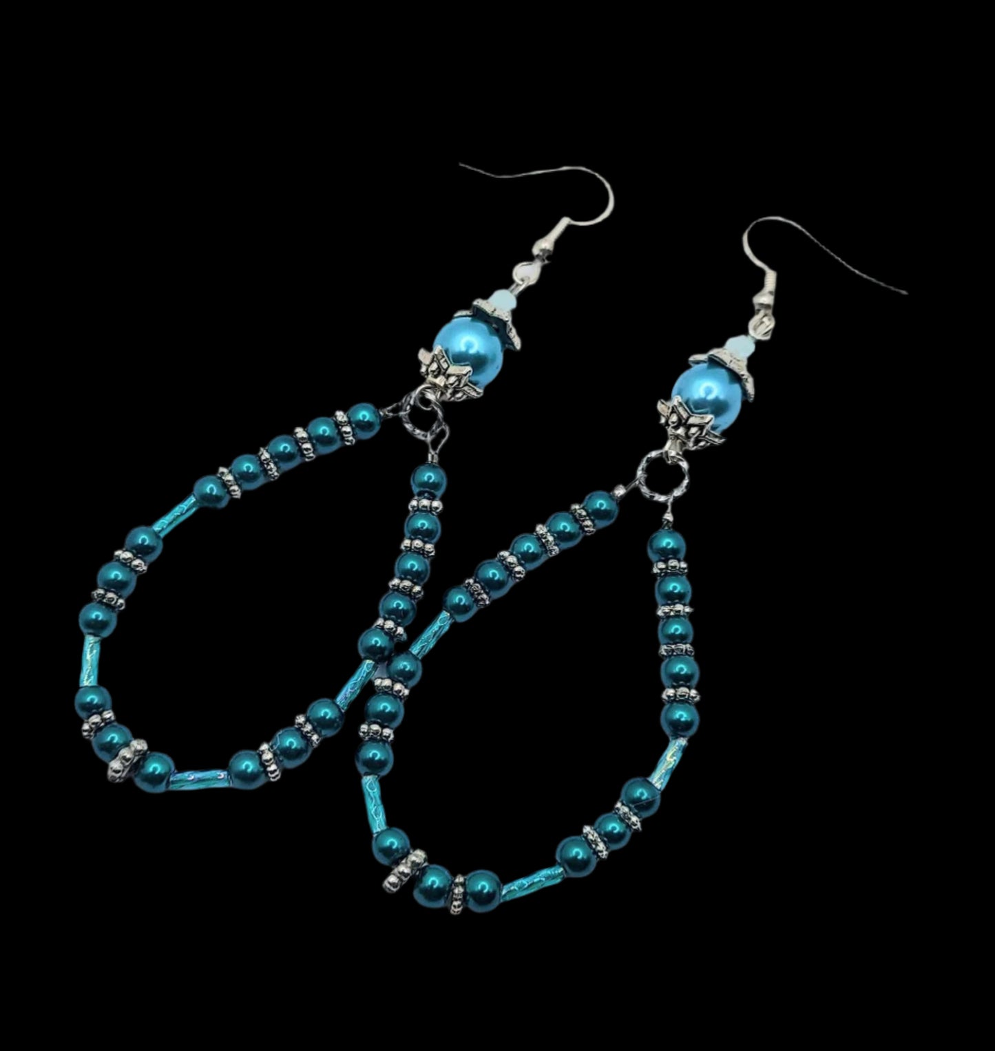 Turquoise dangle hoop style mini glass pearl earrings 3.5-inches