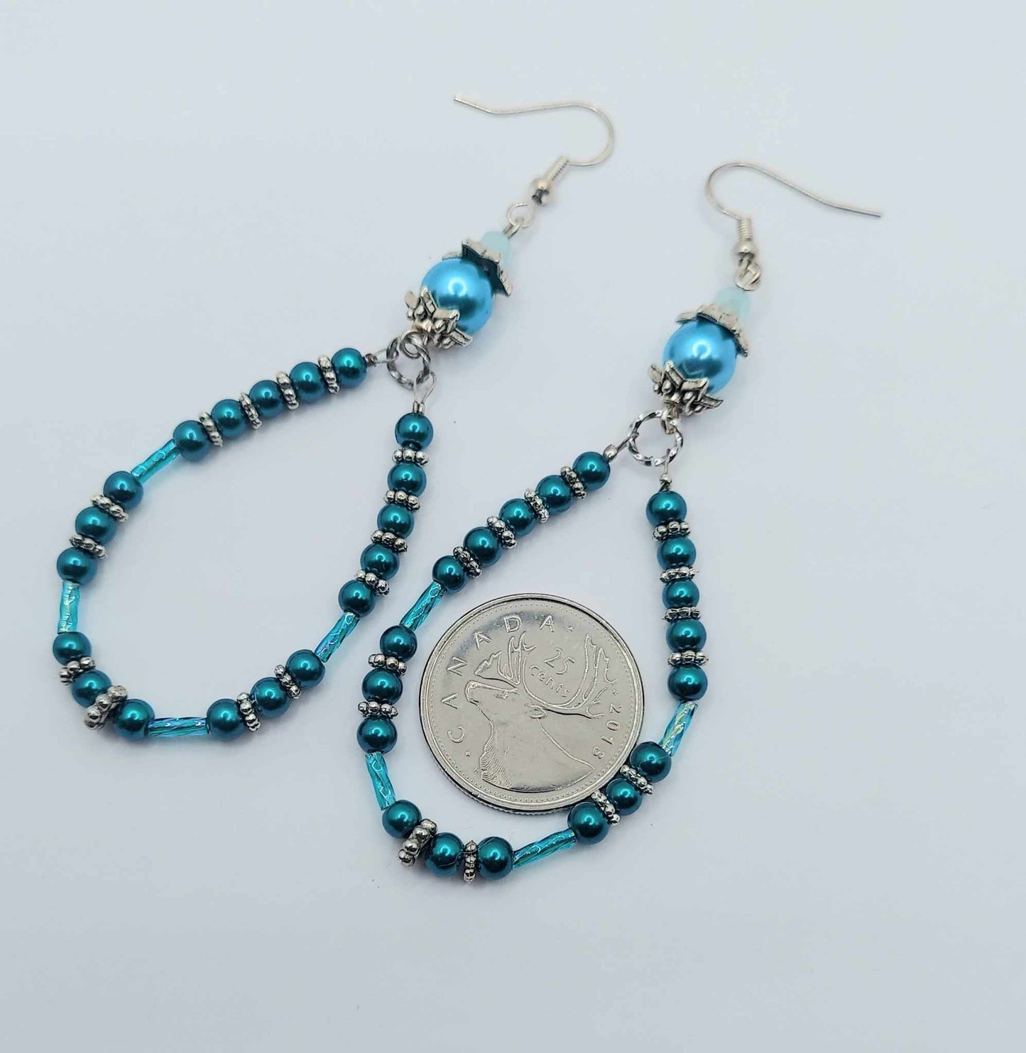 Turquoise dangle hoop style mini glass pearl earrings 3.5-inches