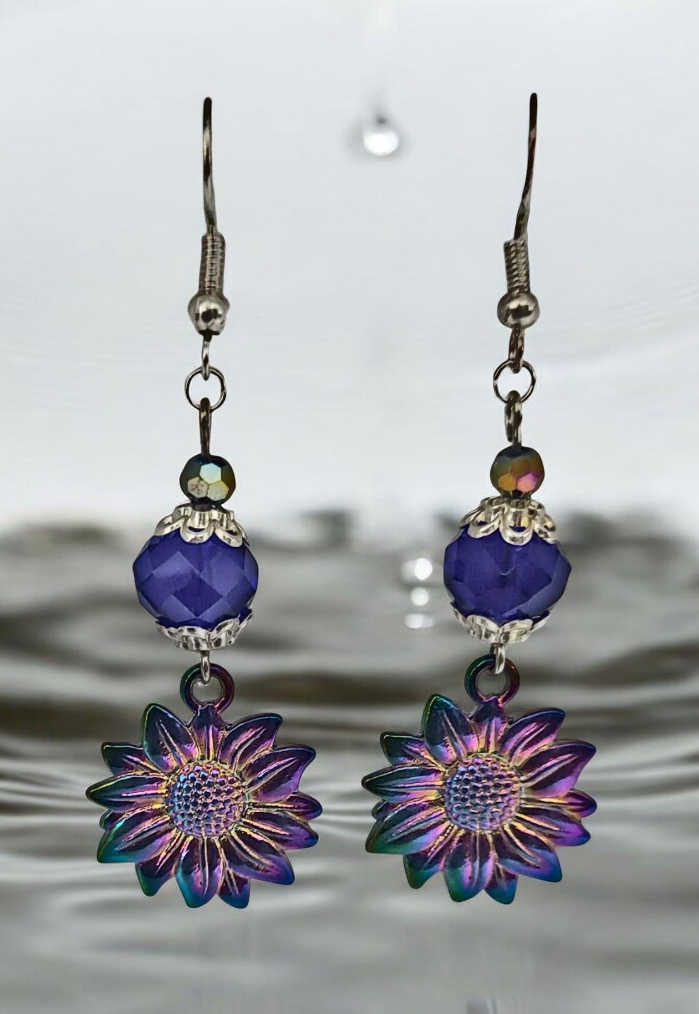 Royal blue Bead with Ion plated flowers earrings 2.25-inches