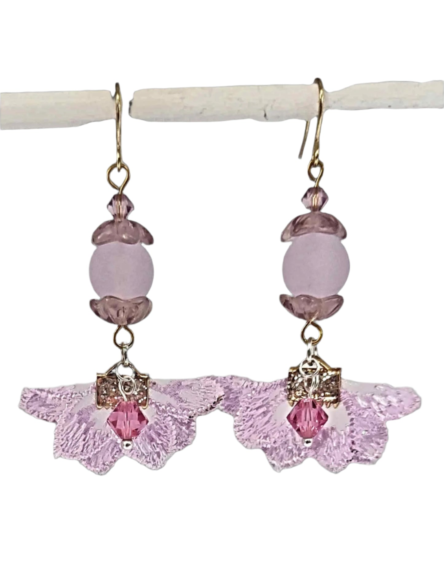 PINK HALF FLOWER MATERIAL BEADED EARRINGS BICONE SWAROVSKI 2 INCHES