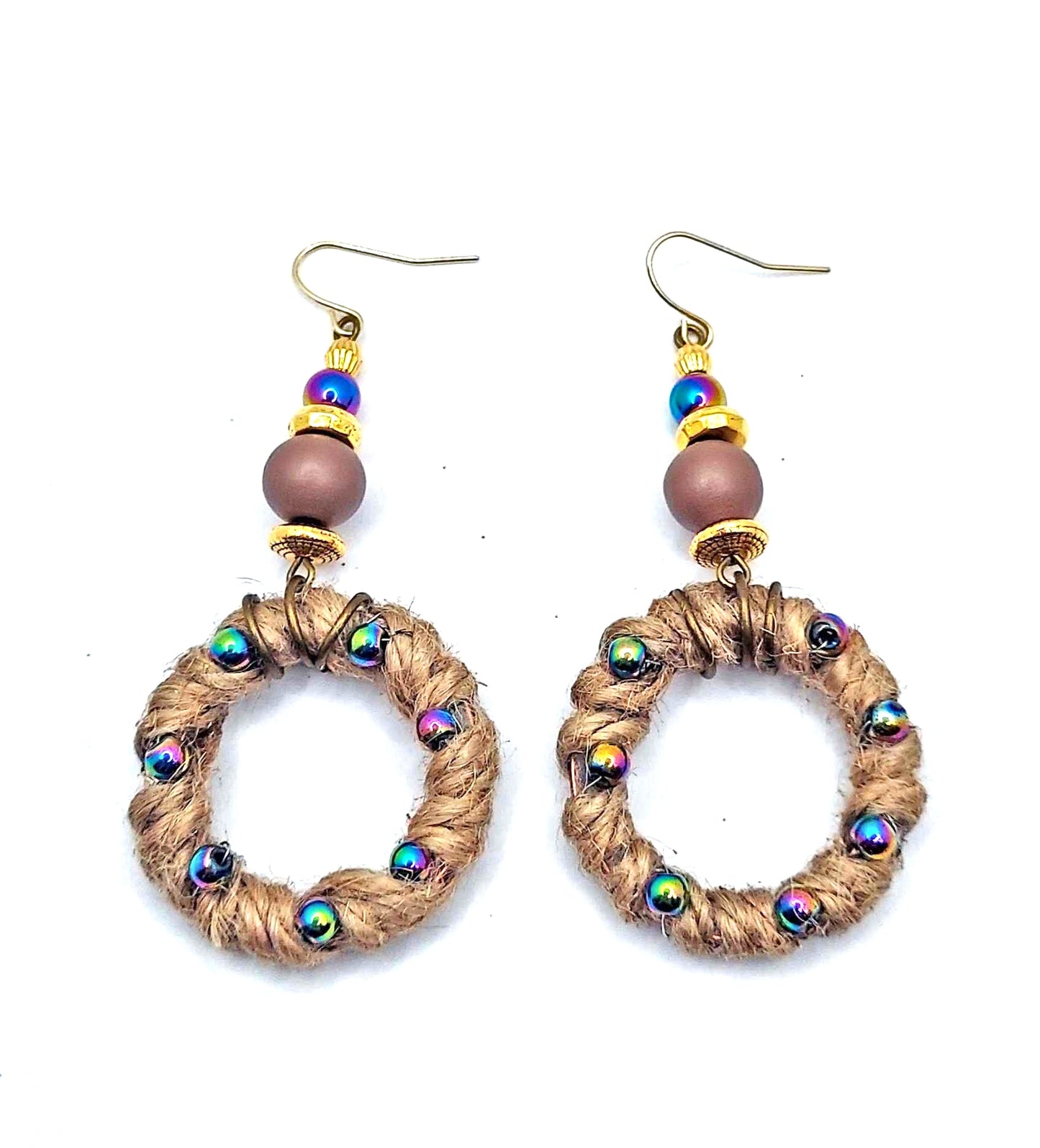 Hematite Jute wood bead round earrings 2.75inches