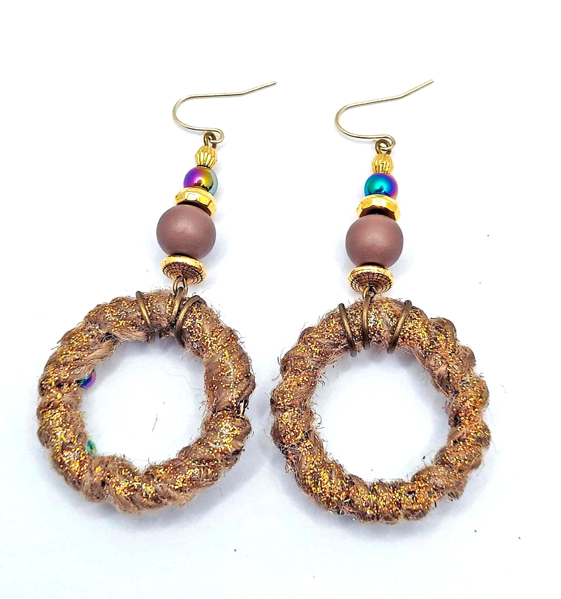 Hematite Jute wood bead round earrings 2.75inches