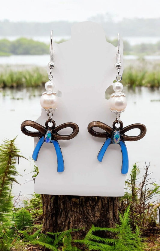 Blue half handpainted bow antique bronze with Freshwater pearls Earrings 2.25inches