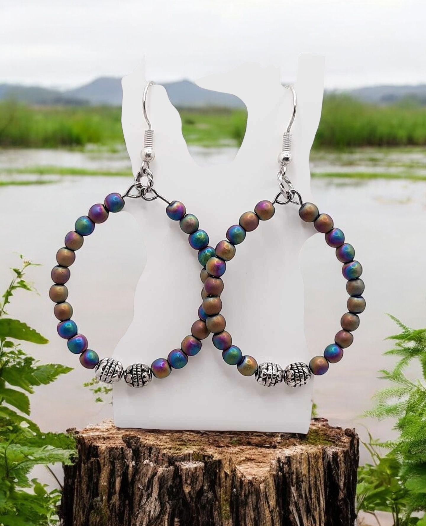 RAINBOW HOOP WITH SILVER BEADS EARRINGS