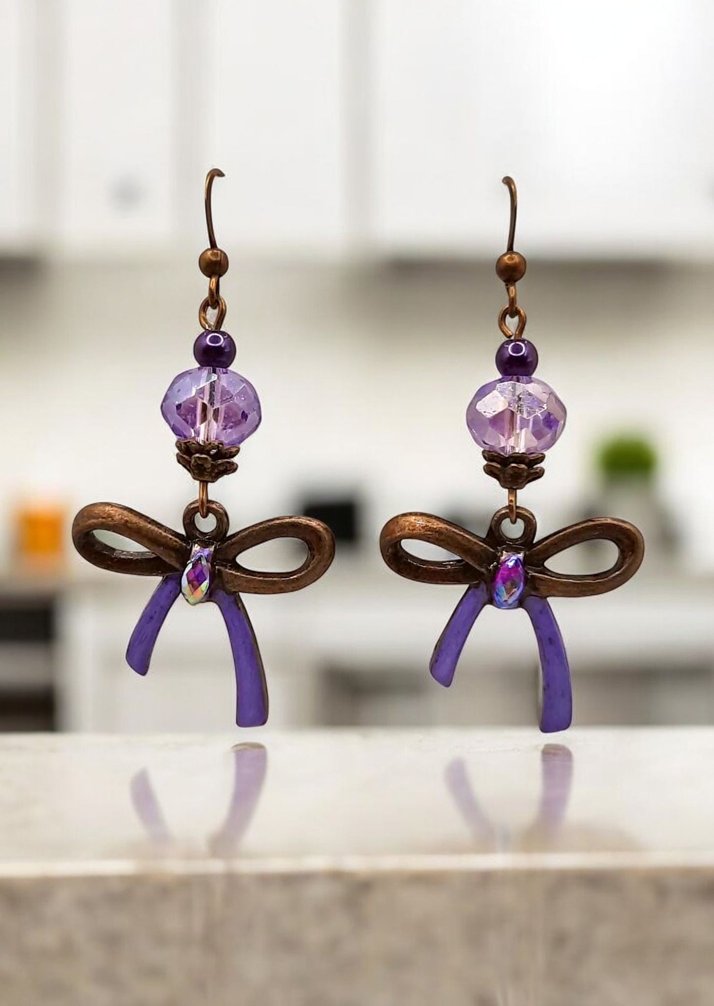 Lilac purple bronze bow Earrings 2inches