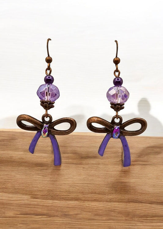 Lilac purple bronze bow Earrings 2inches