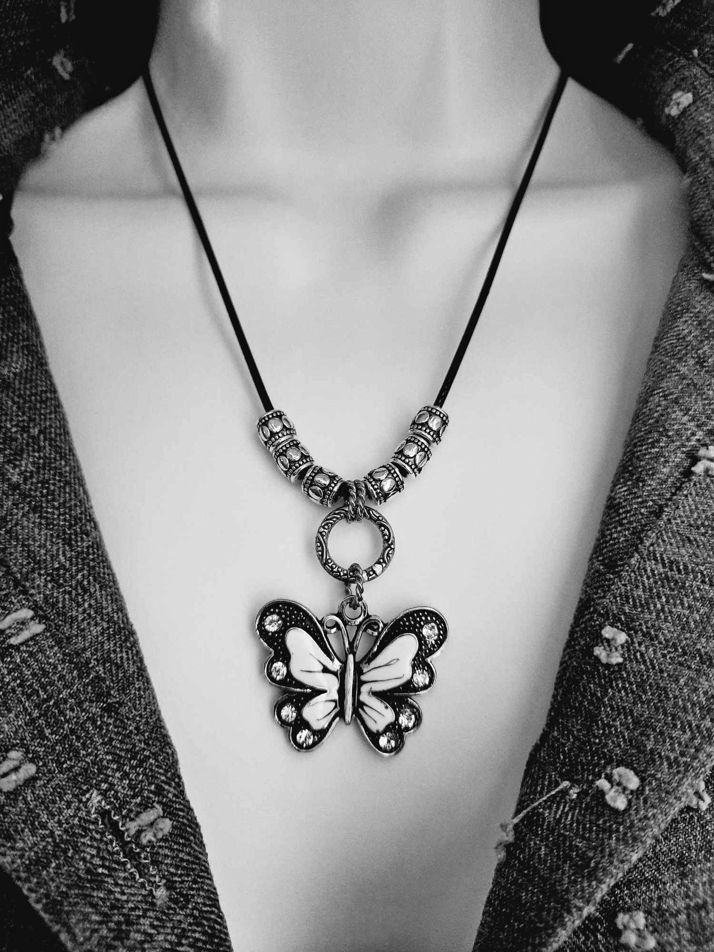 Black and white butterfly Necklace with silver beads