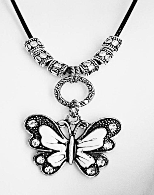 Black and white butterfly Necklace with silver beads