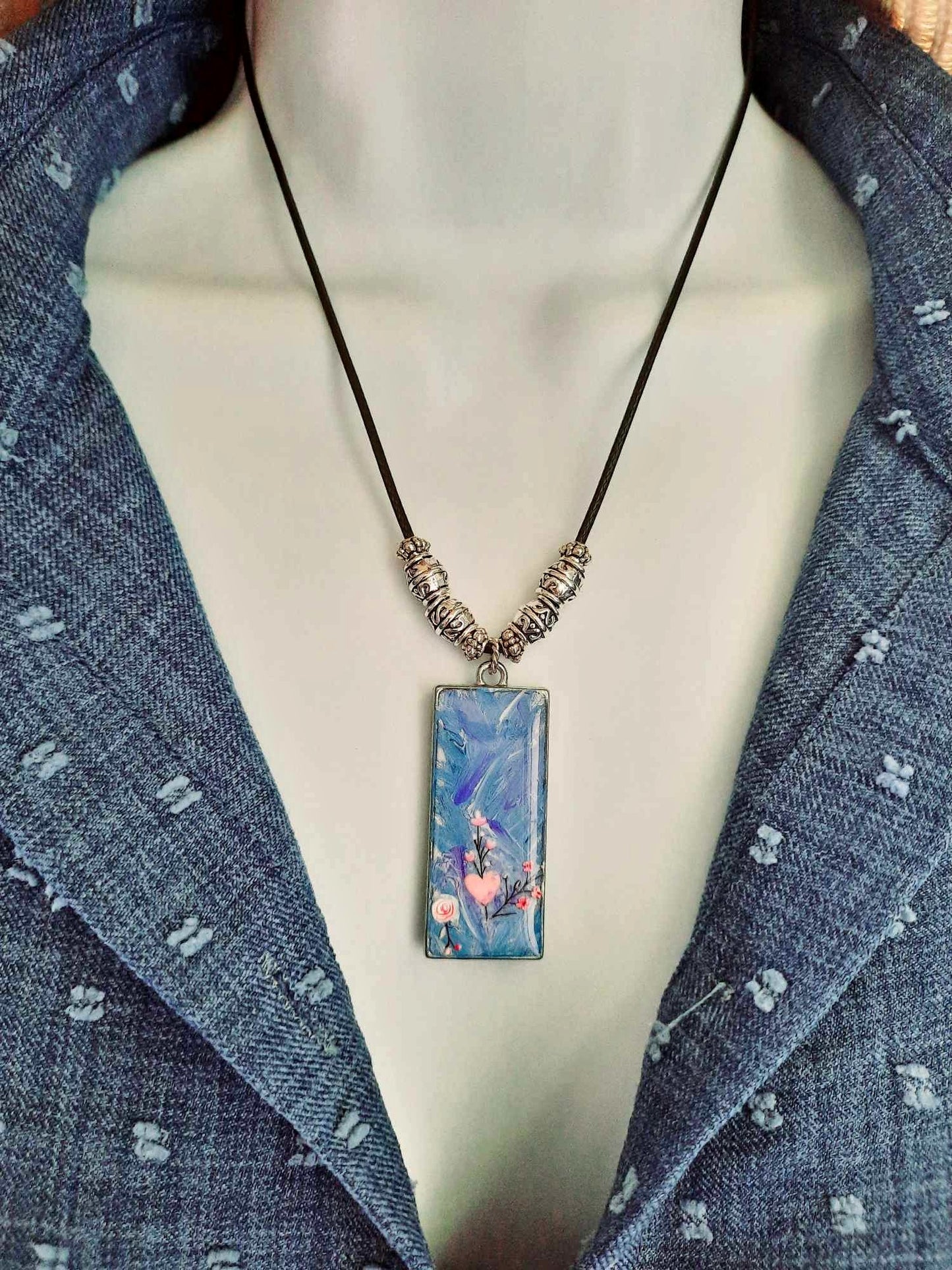 Handpainted Pendant with stickers 1.5" x 0.75" blue pink resincrete Necklace