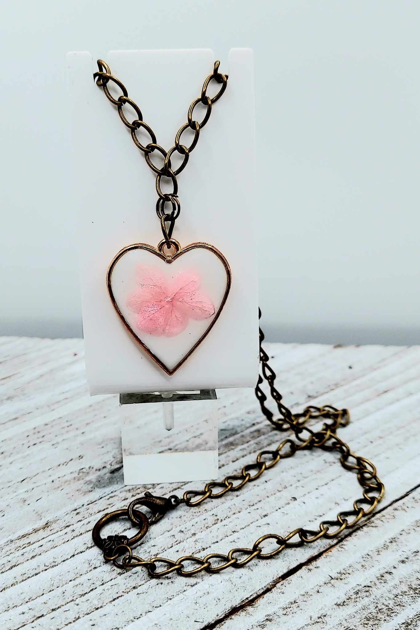 Enchanting soft pink Flower heart Necklace Bronze chain 19inches