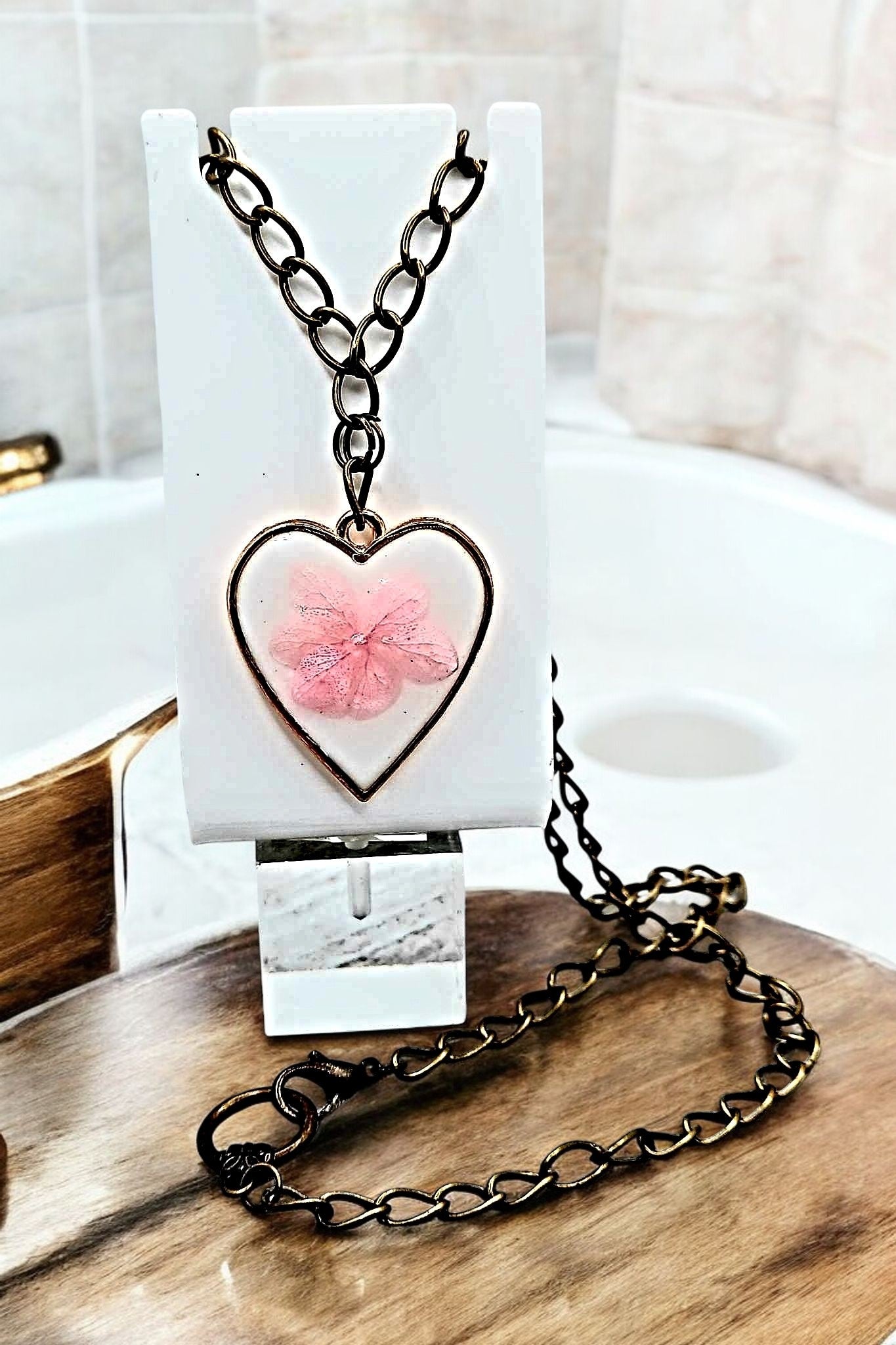 Enchanting soft pink Flower heart Necklace Bronze chain 19inches