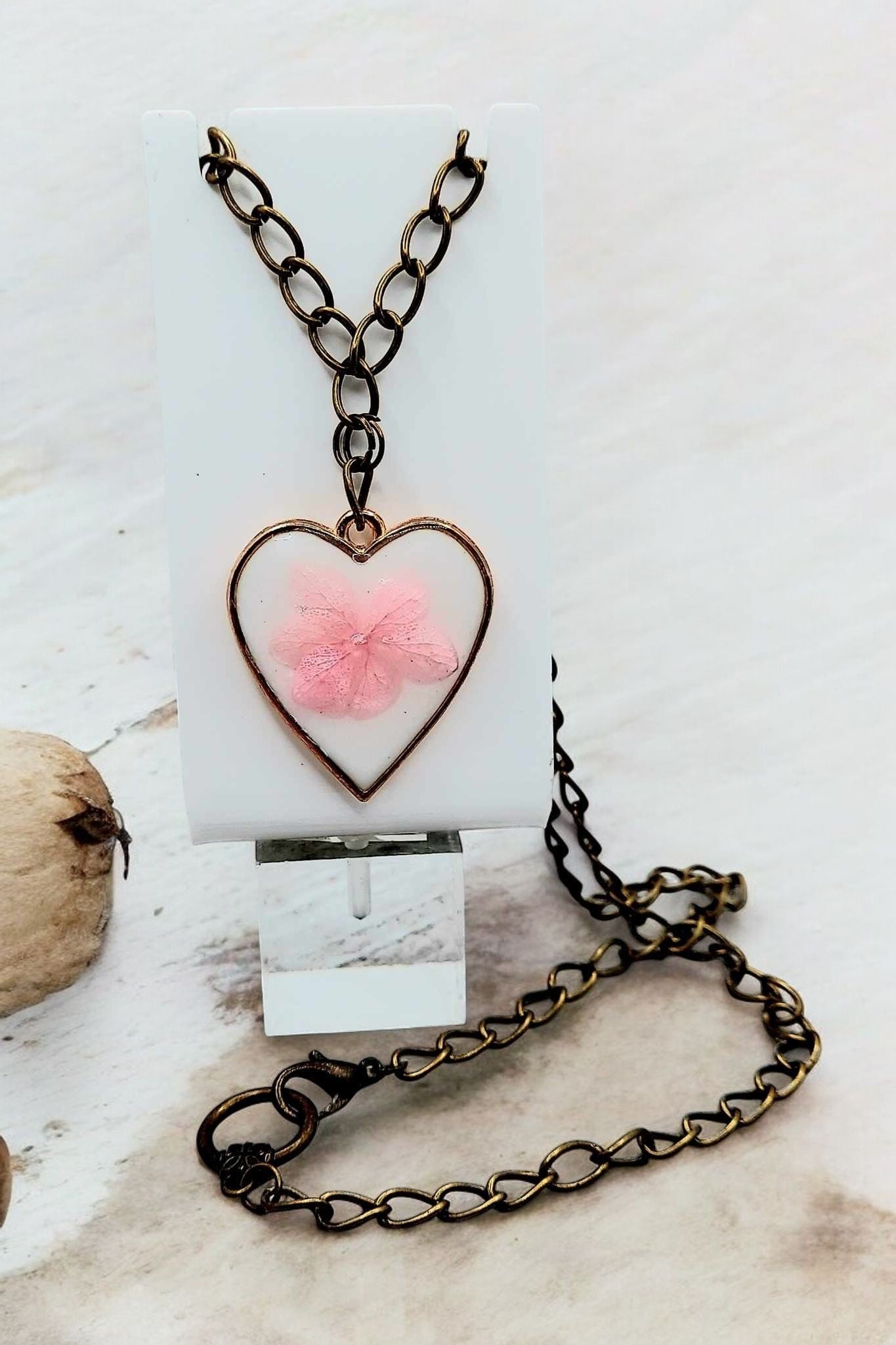 Enchanting soft pink Flower heart Necklace Bronze chain 19inches