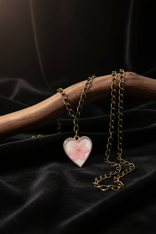 Enchanting soft pink Flower heart Necklace Bronze chain 19inches