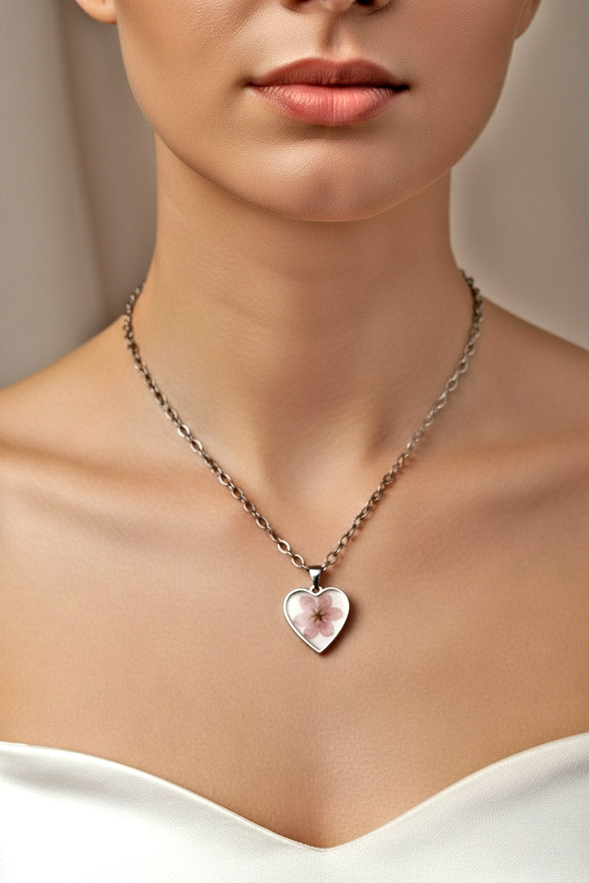 Enchanting soft pink Flower heart Necklace Bronze chain 19inches