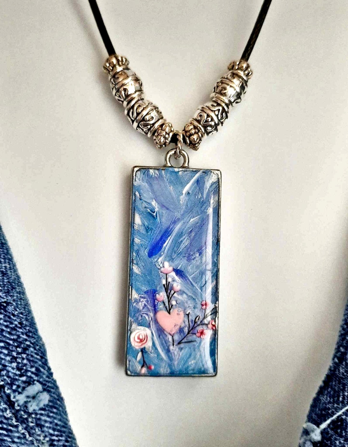 Handpainted Pendant with stickers 1.5" x 0.75" blue pink resincrete Necklace