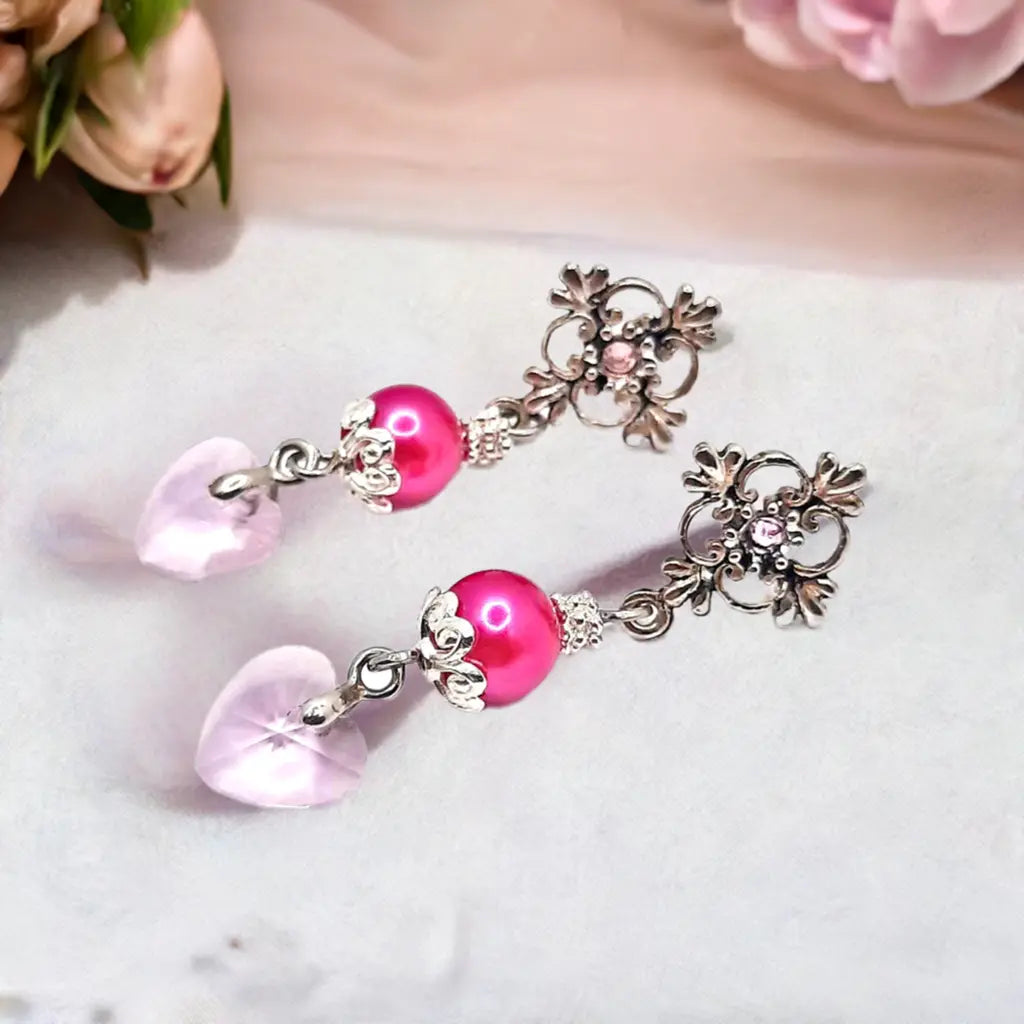 Flower Ear stud with pink rhinestone crystal pink heart - Image #2