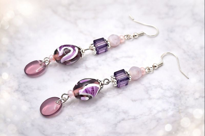 Violet Swirl Art Glass Earrings – 2.75" Drop Length