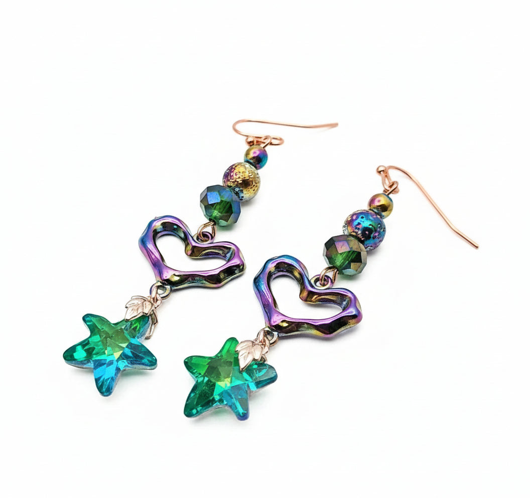 Ion plating Heart crystal peacock star Earrings 2.5inches