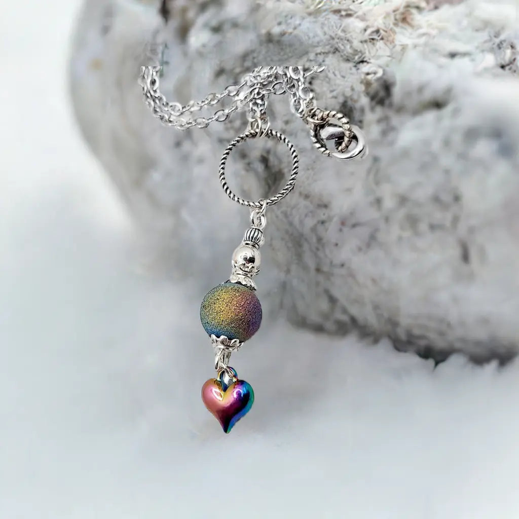 Rainbow beaded Necklace Ion platin Heart 18inch chain - Image #2