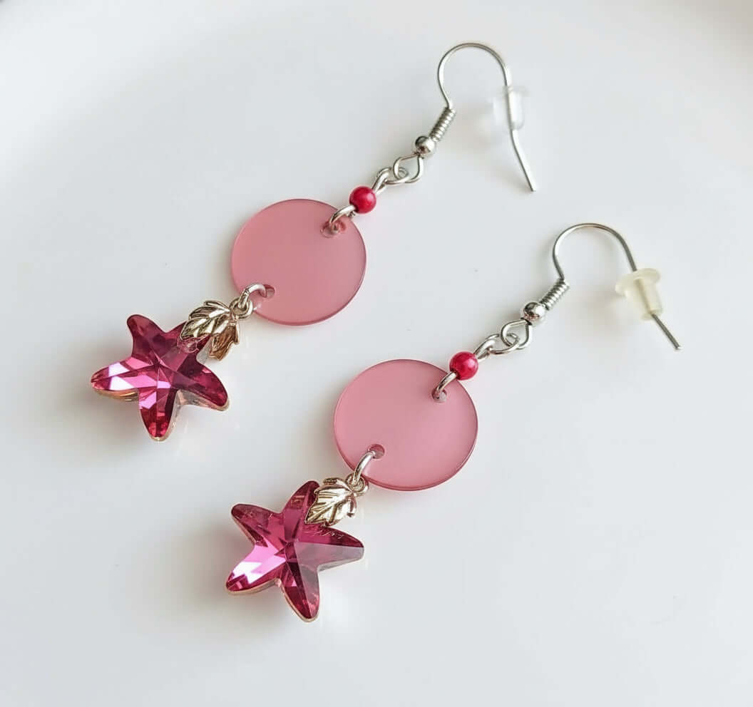 Iridescent pink crystal star 2.25 inches earrings