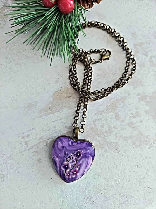 Purple Clay resin Heart flower pendant necklace 20 inches