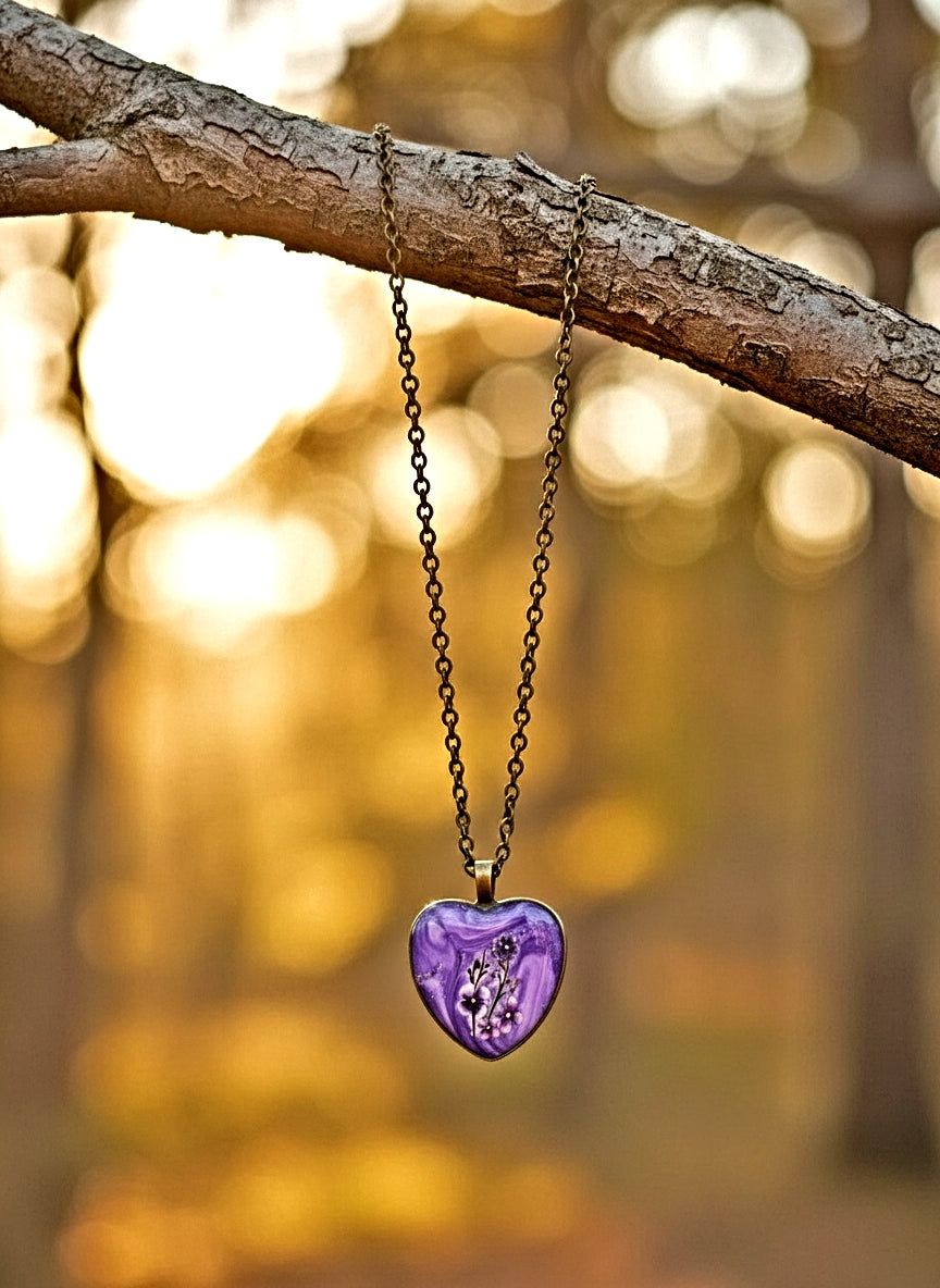 Purple Clay resin Heart flower pendant necklace 20 inches