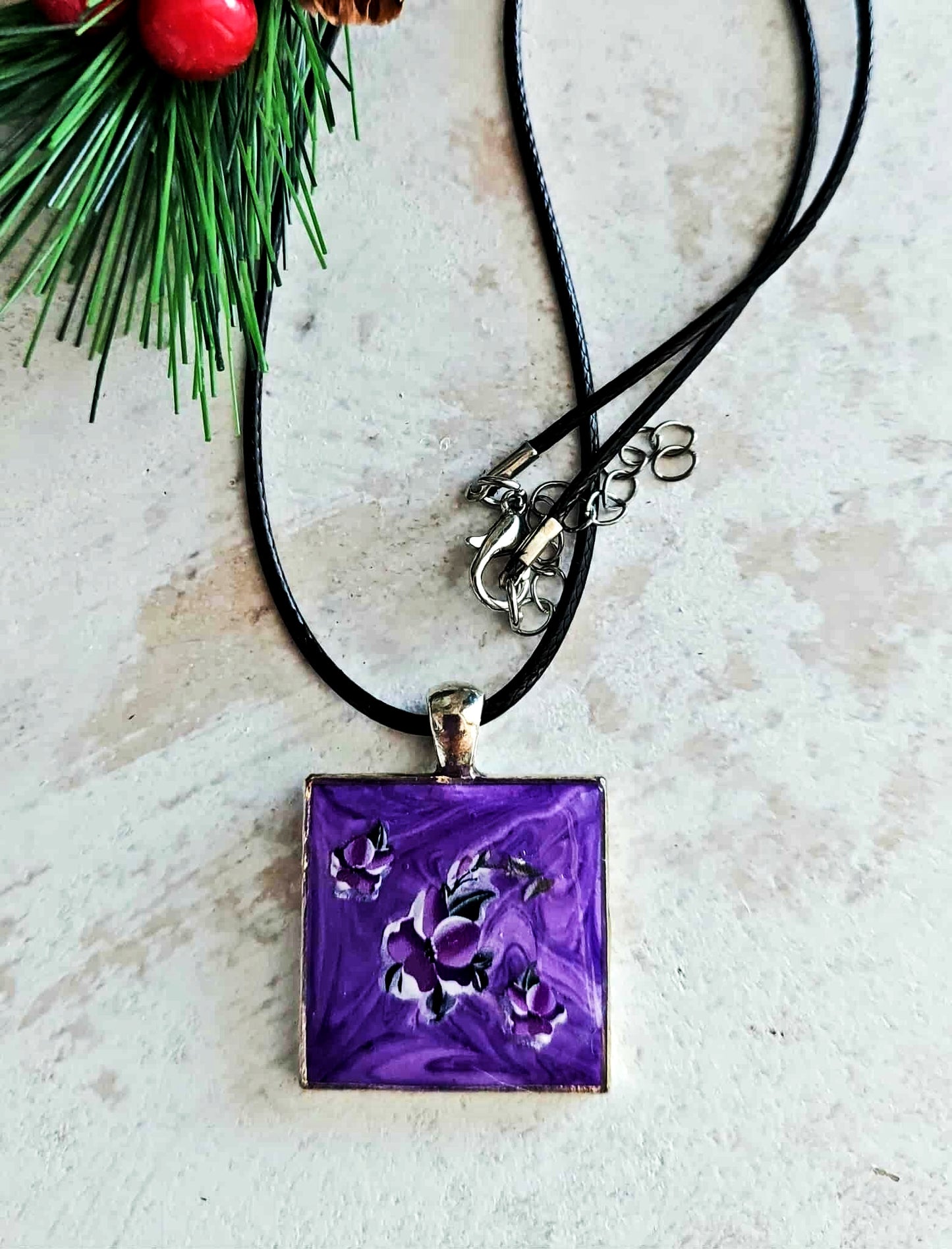 Handcrafted Clay resin purple pendant necklace 18inches