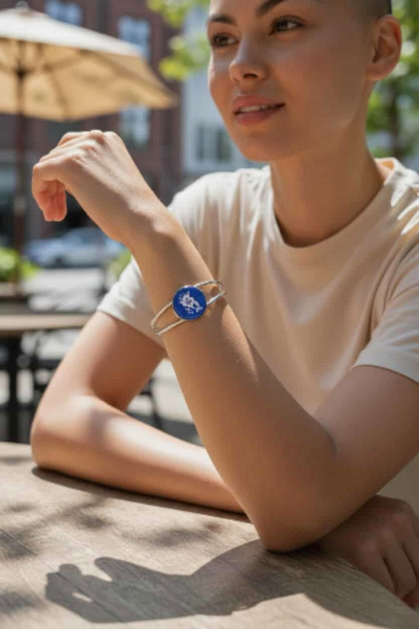 Person wearing a watch with a blue face in an outdoor setting