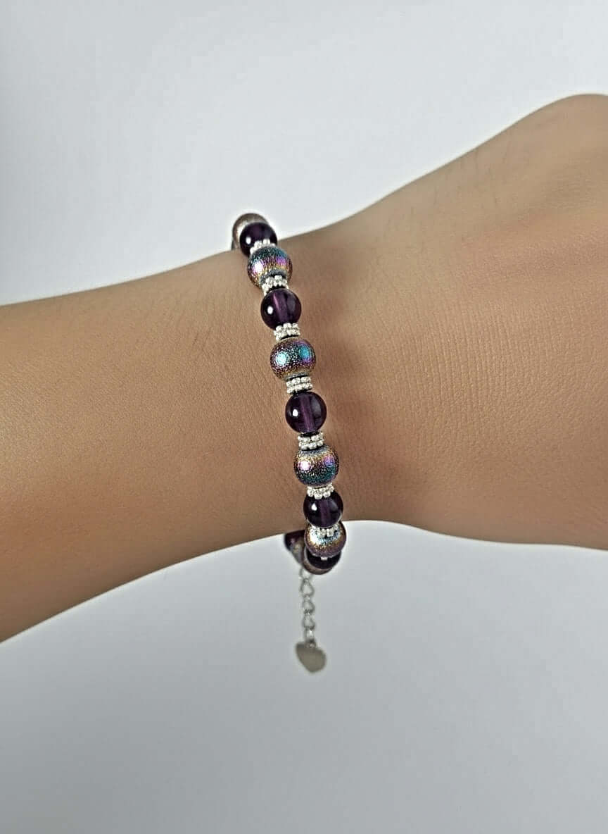 Amethyst and Iridescent Glass Bead Bracelet with Extension Chain