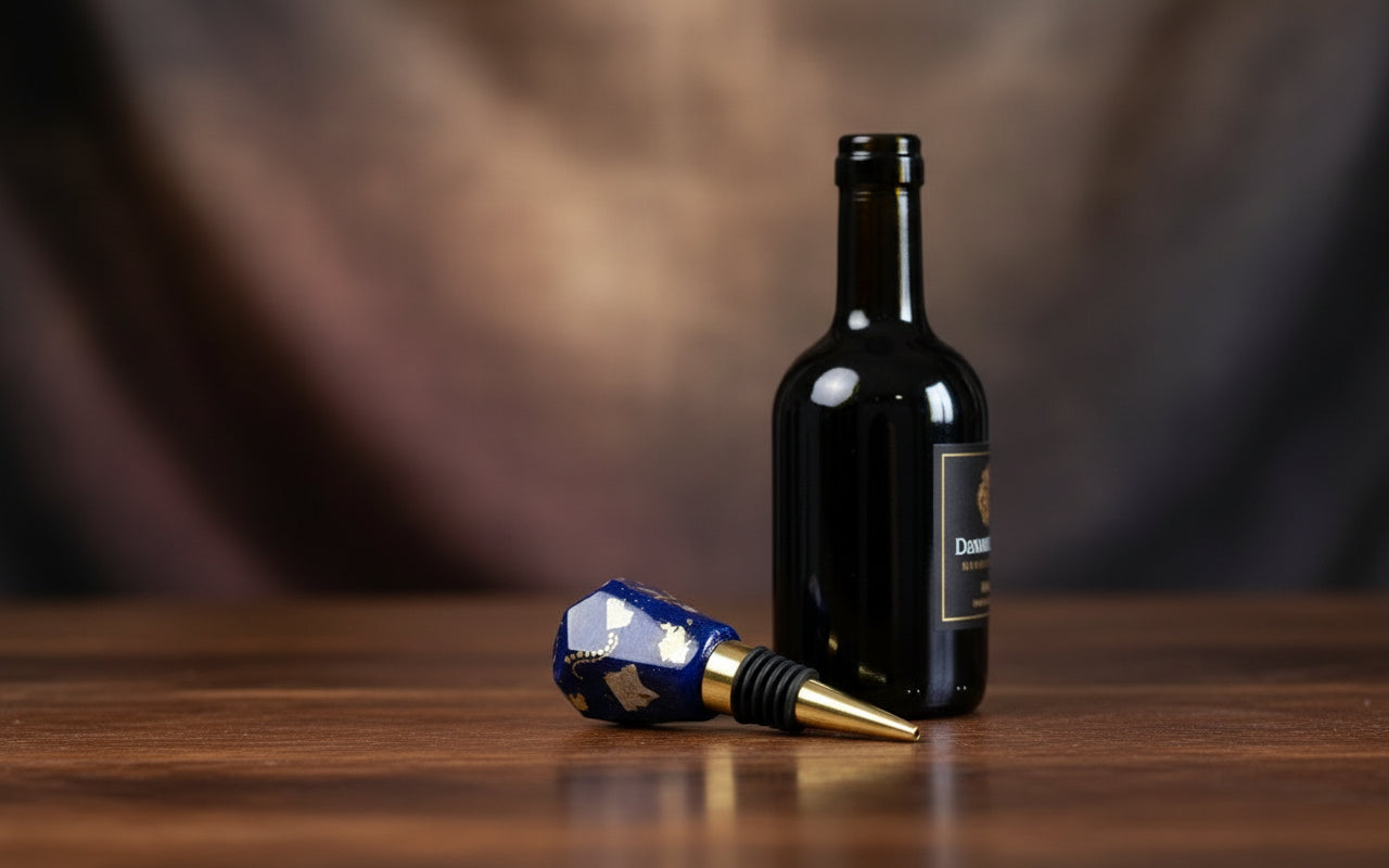 Blue bottle stopper with gold designs on a white background