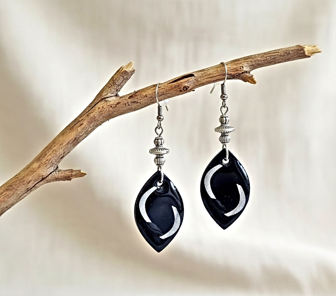 Diamond Shaped Resin Earrings - Dark Painted Silver Plated Dangle Earrings