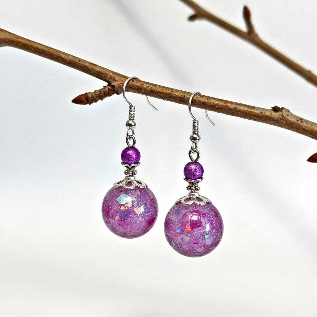Mini Glass Globe Resin Earrings - Pink Silver Handcrafted Dangle Earrings