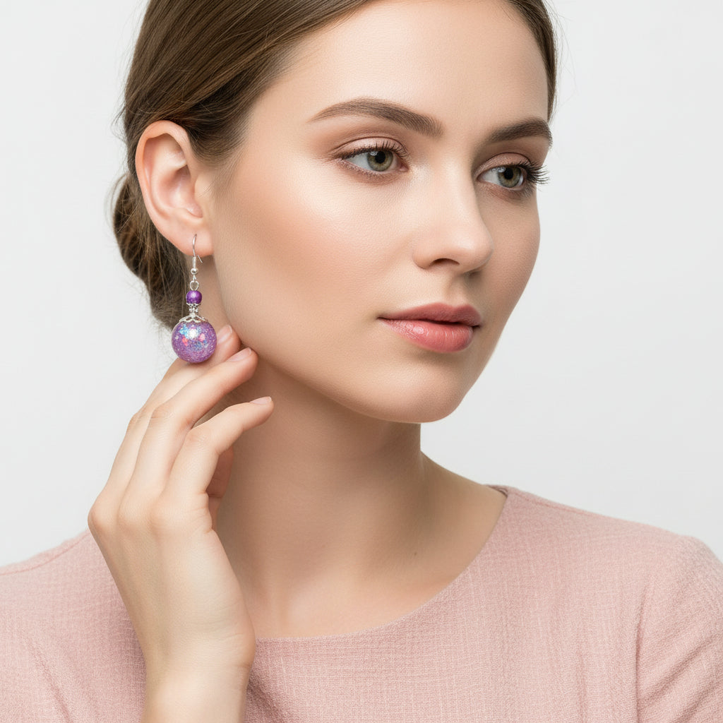 Purple glittery earrings with silver hooks on a branch against a white background