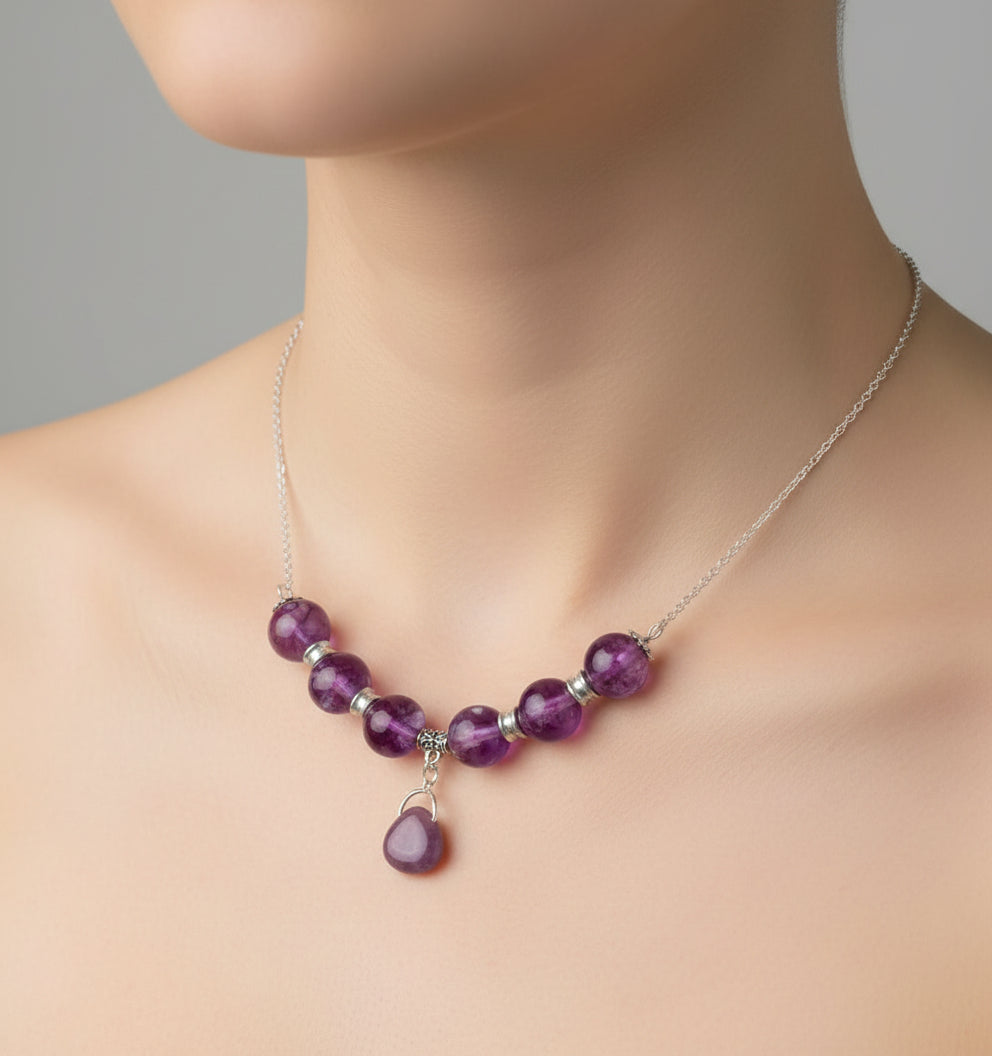 Purple glass bead silver plated chain 20 inches necklace